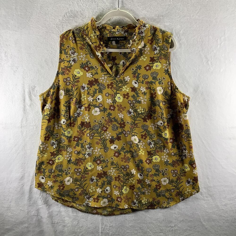 Jasmine & Juliana Shirt Womens 1X Yellow Floral Sleeveless Ruffle Neck Blouse